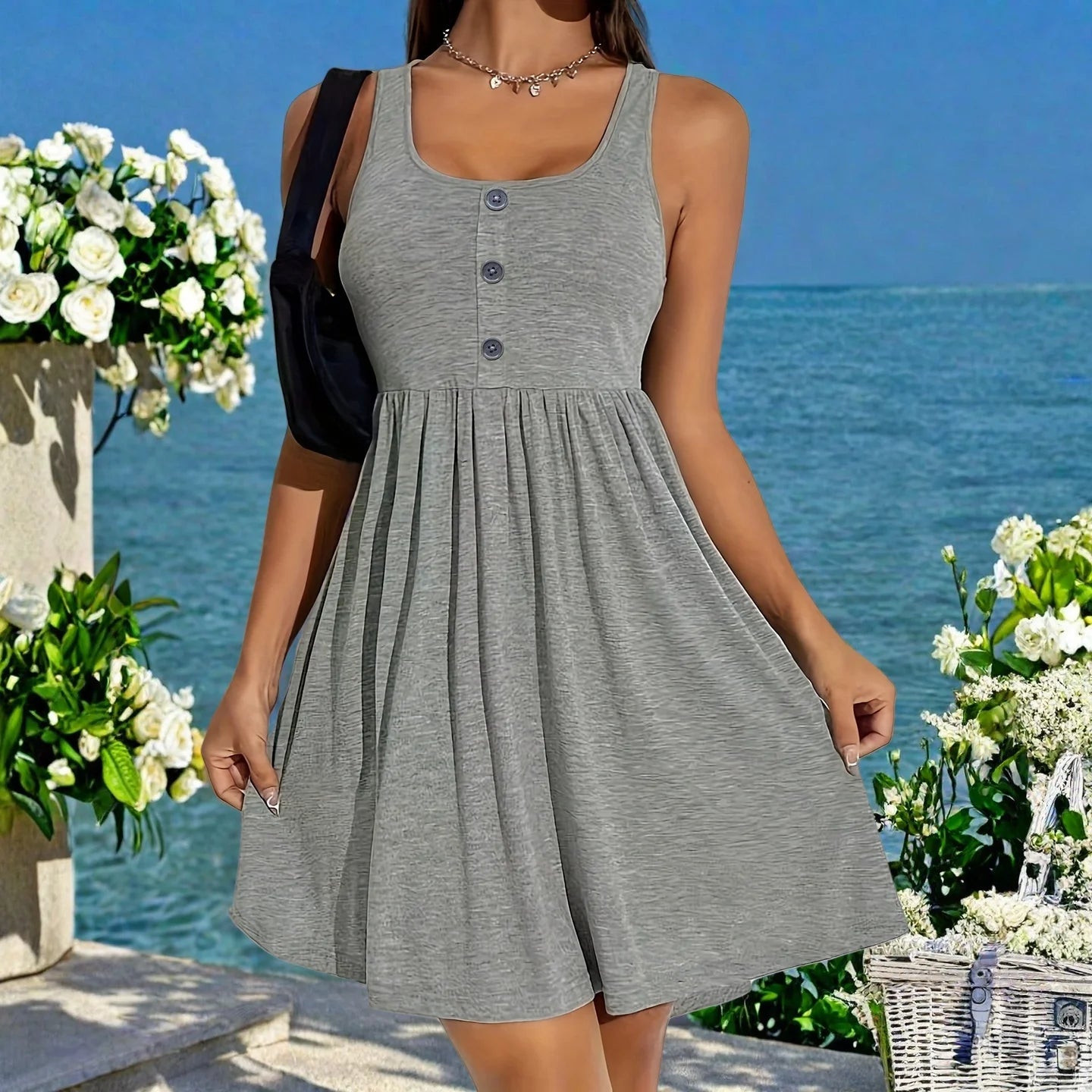 Fashionable plus size women's everyday sleeveless dress, square neck vest dress with button decoration