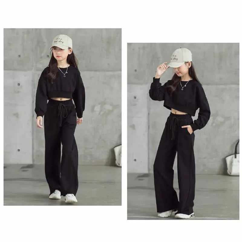 Girls Solid Colour Sets Children's Long-Sleeved Short Sweater Trousers 2Pcs Spring Autumn New Kids Fashion Casual Suit 4-12Y