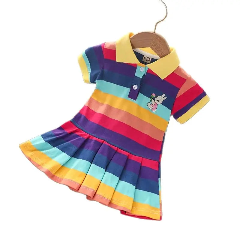 Girl's Summer fashion cute short sleeve  cartoon  rabbit embroidered rainbow strip baby girl princess dress