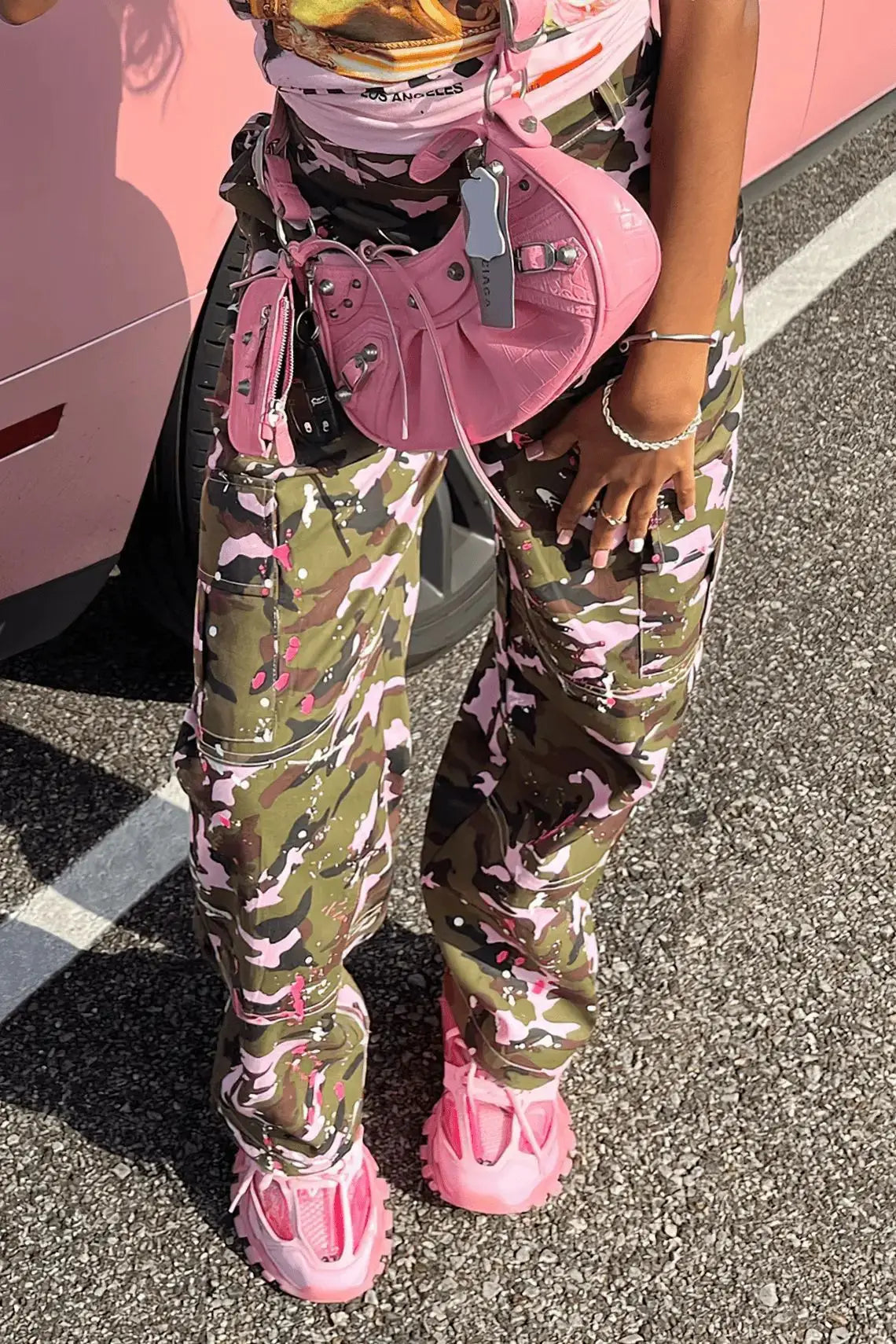 FAGADOER Pink Camouflage Print Pants Women Y2K Streetwear Button Pocket patchwork Straight Pants Hot girl Bottoms 2025