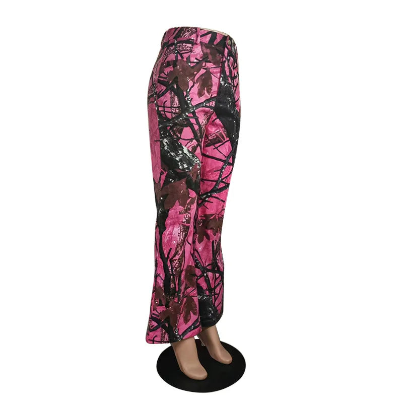 FAGADOER Pink Camouflage Print Pants Women Y2K Streetwear Button Pocket patchwork Straight Pants Hot girl Bottoms 2025