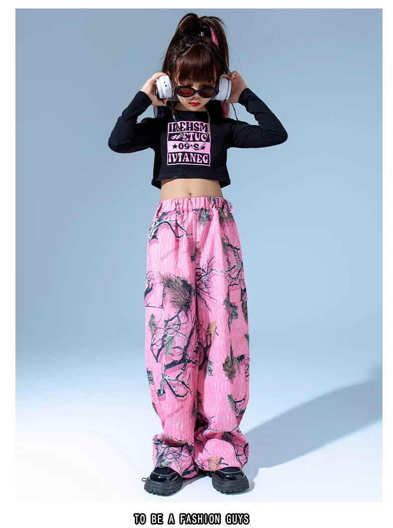 Kids Modern Hip Hop Dance Costumes For Girls Black Crop Tops Loose Pants Suit Children Jazz Dance Performance Clothes DQS15809