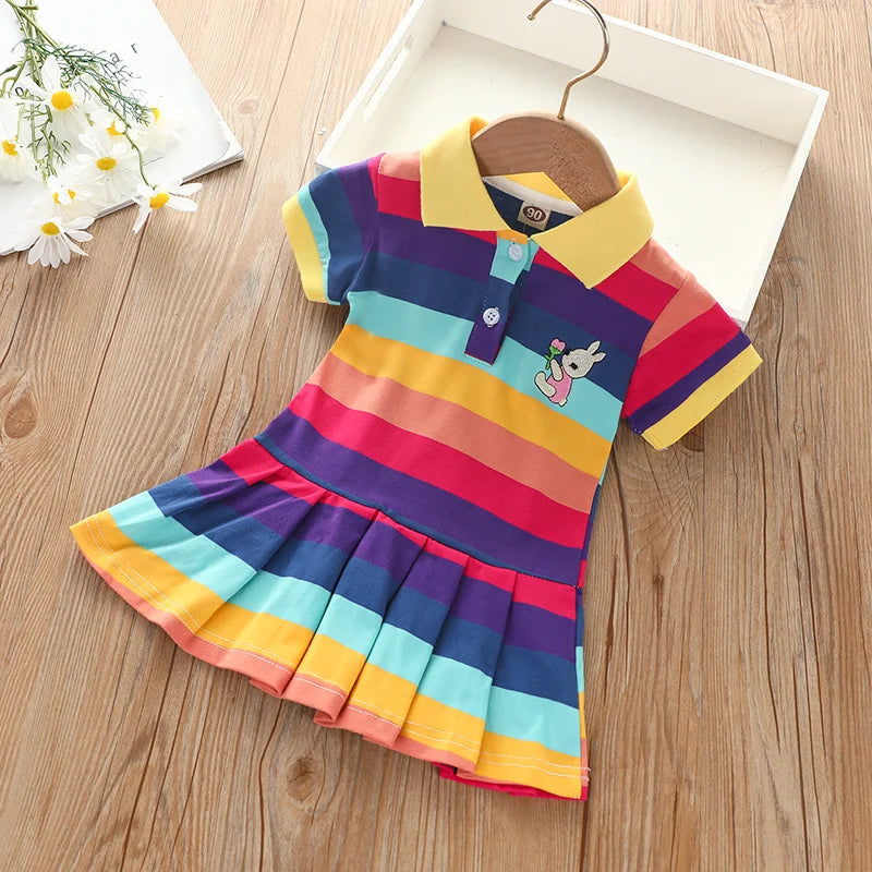 Girl's Summer fashion cute short sleeve  cartoon  rabbit embroidered rainbow strip baby girl princess dress