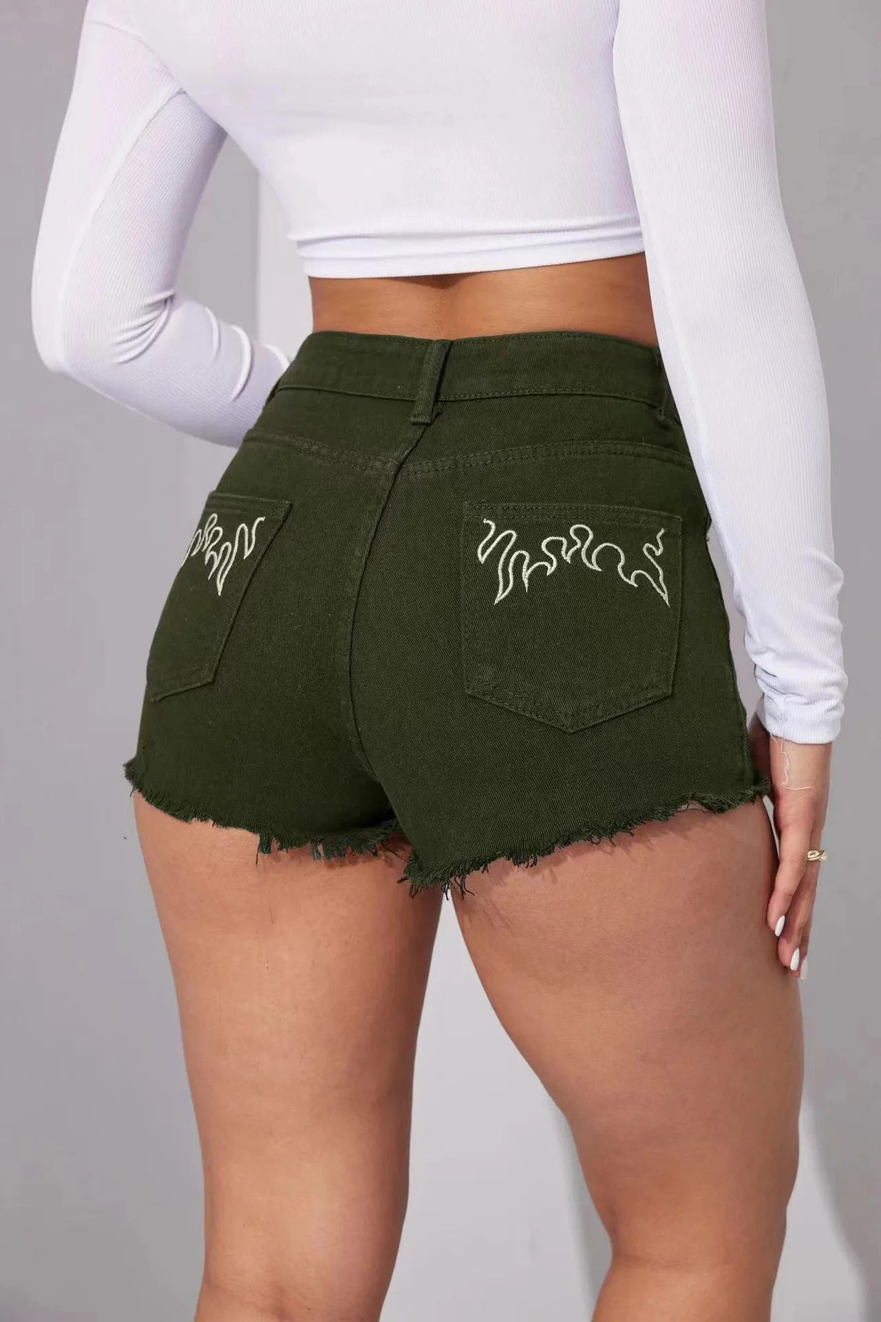 Shorts Women Jeans 2025 Summer Streetwear Embroidery Short Pants Rivet Skinny Mid Waist Distressed Washed Straight Denims