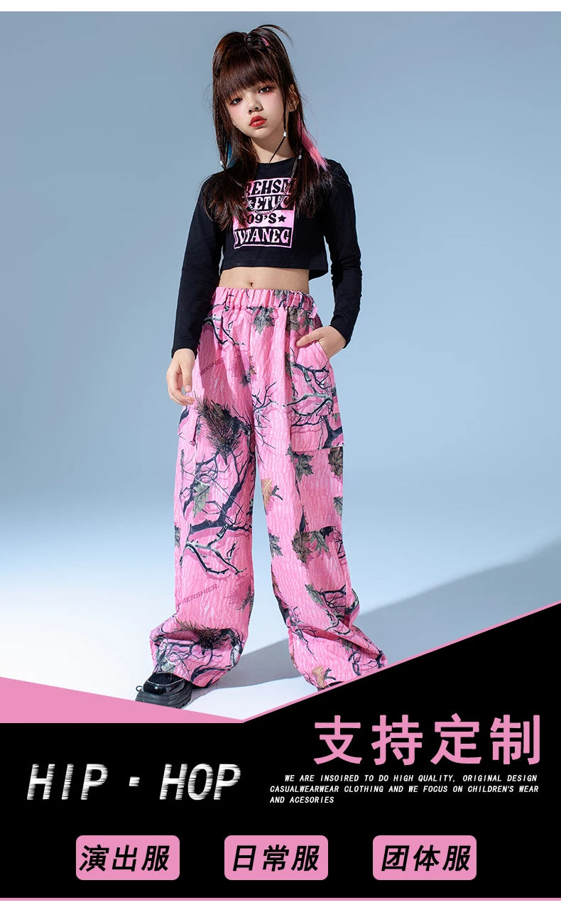 Kids Modern Hip Hop Dance Costumes For Girls Black Crop Tops Loose Pants Suit Children Jazz Dance Performance Clothes DQS15809