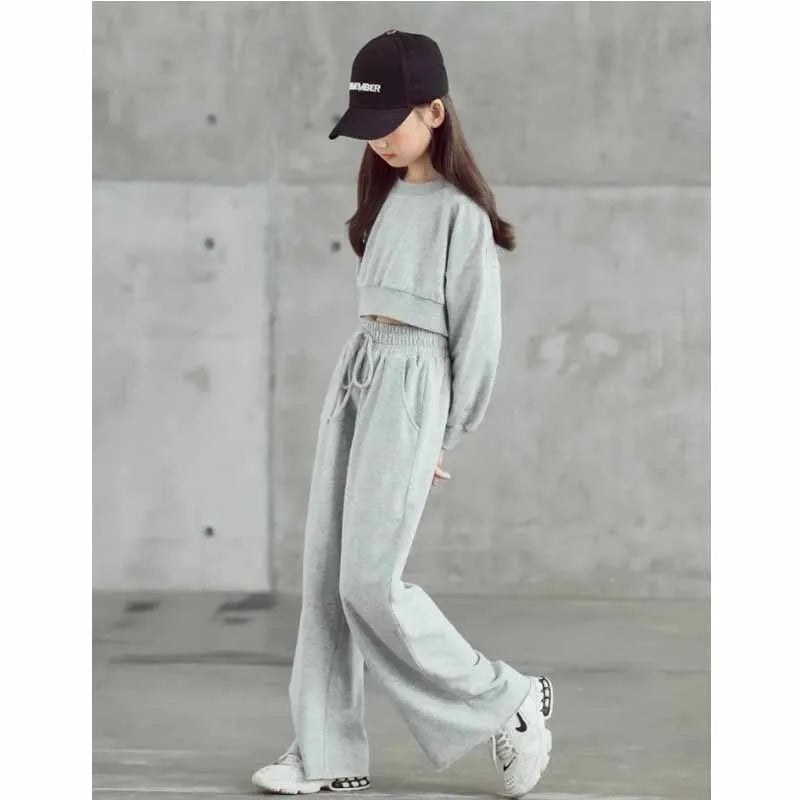 Girls Solid Colour Sets Children's Long-Sleeved Short Sweater Trousers 2Pcs Spring Autumn New Kids Fashion Casual Suit 4-12Y
