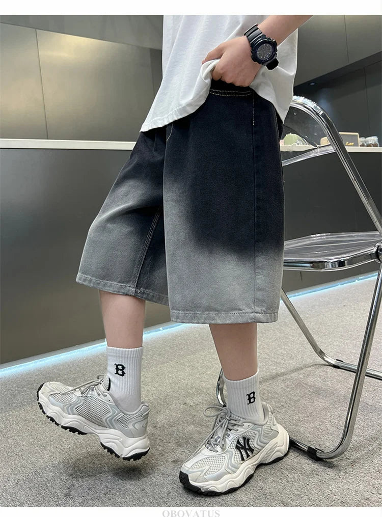 2025 New Summer Kids Designer Gradient Black Denim Shorts Tweens Boy Casual Straight Jeans Shorts For Child Age 5 6 8 10 12 14 T