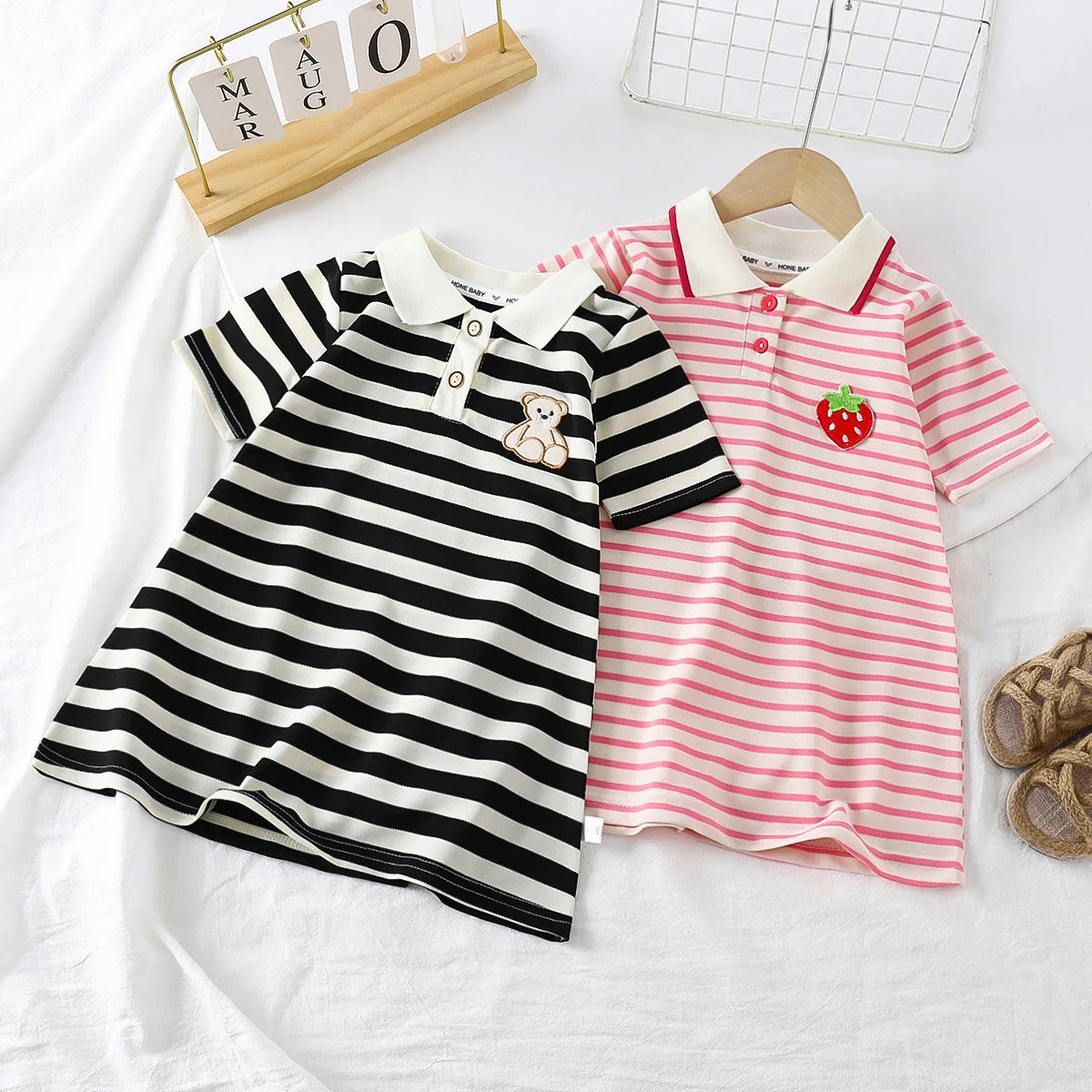 2025 New Children's Dress Girls' Summer Korean Edition Striped Strawberry lapel Casual Dress 1-10 Years Old
