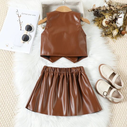 Autumn Fashion Cool Girls' Clothes Set V-Neck Pu Leather Vest Jacket With Pleated Skirt Two-Piece Set For Children's Clothing