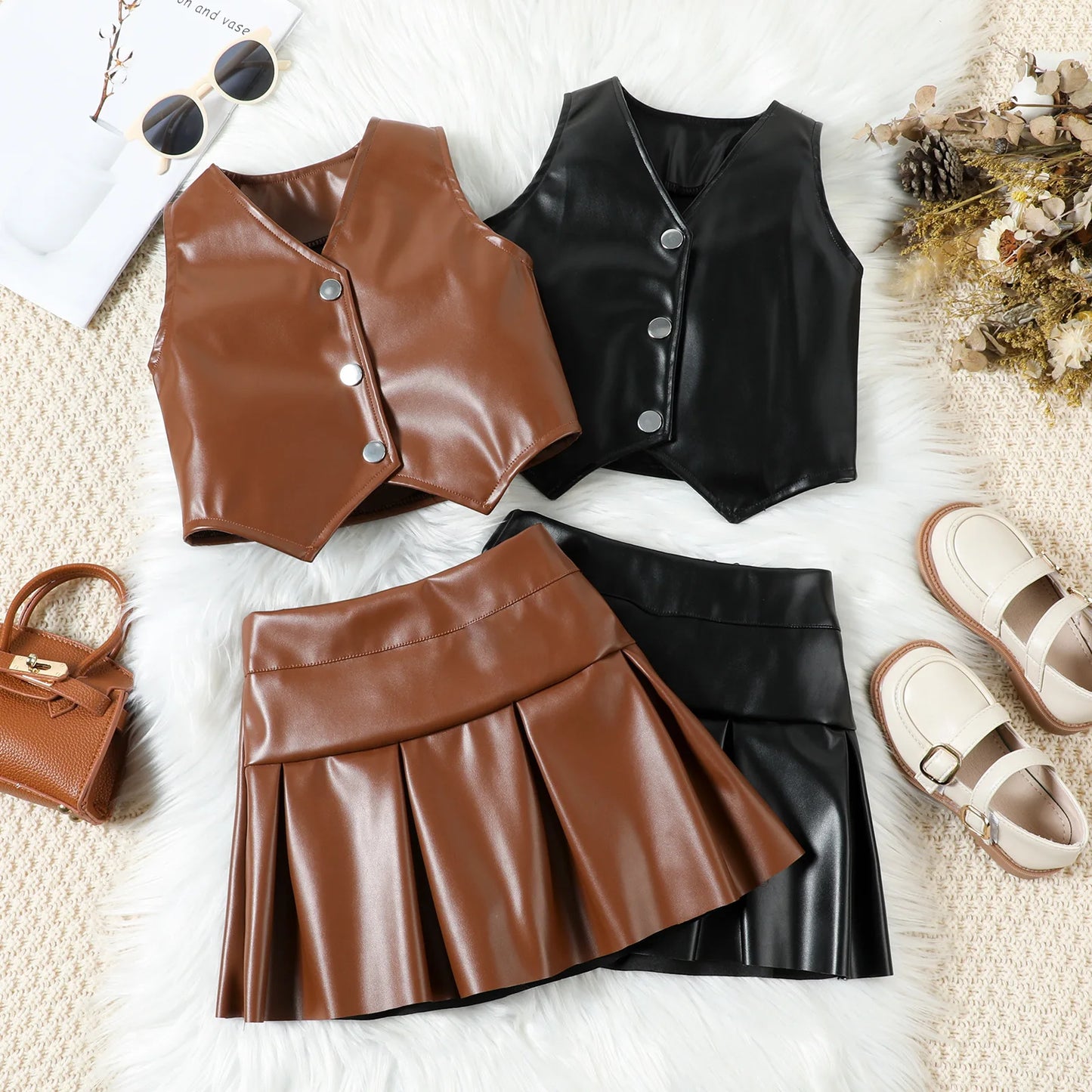 Autumn Fashion Cool Girls' Clothes Set V-Neck Pu Leather Vest Jacket With Pleated Skirt Two-Piece Set For Children's Clothing