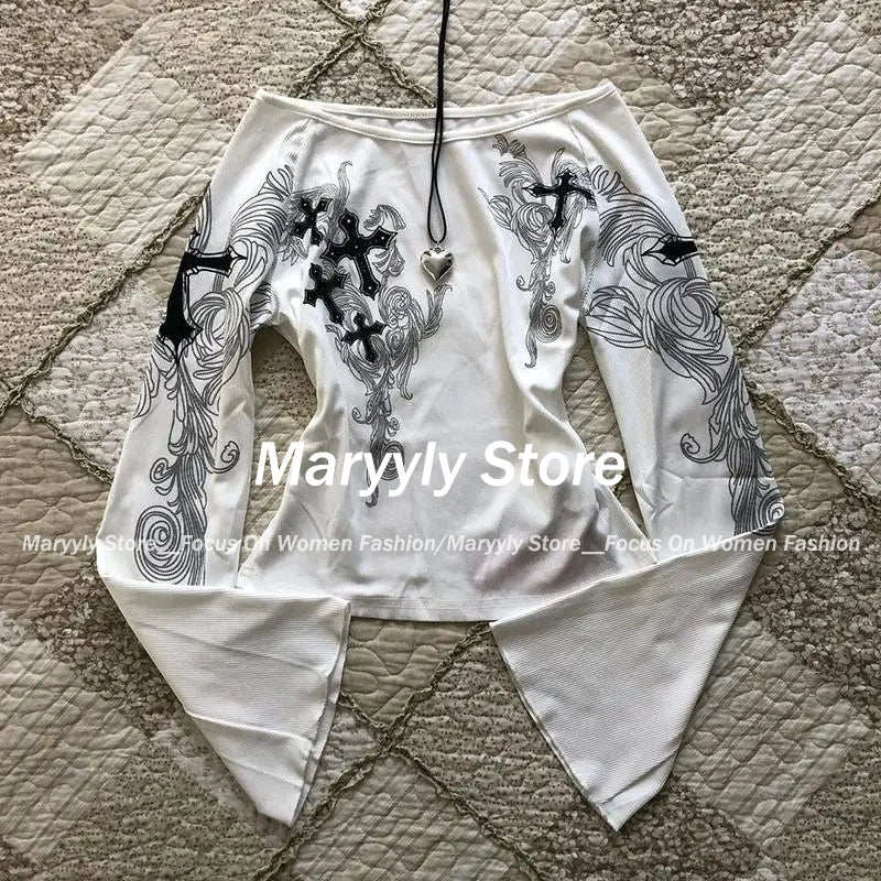 Long Sleeve Print T-Shirts Women Slash Neck White Tees Temperament Camisetas 2024 Ropa Mujer Vintage Sexy Y2k T-shirts Tops New