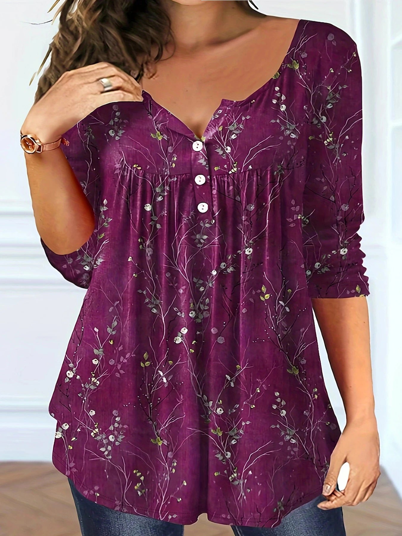 Plus Size Women's Spring and Autumn Long Sleeve Random Plant Print Button T-Shirt