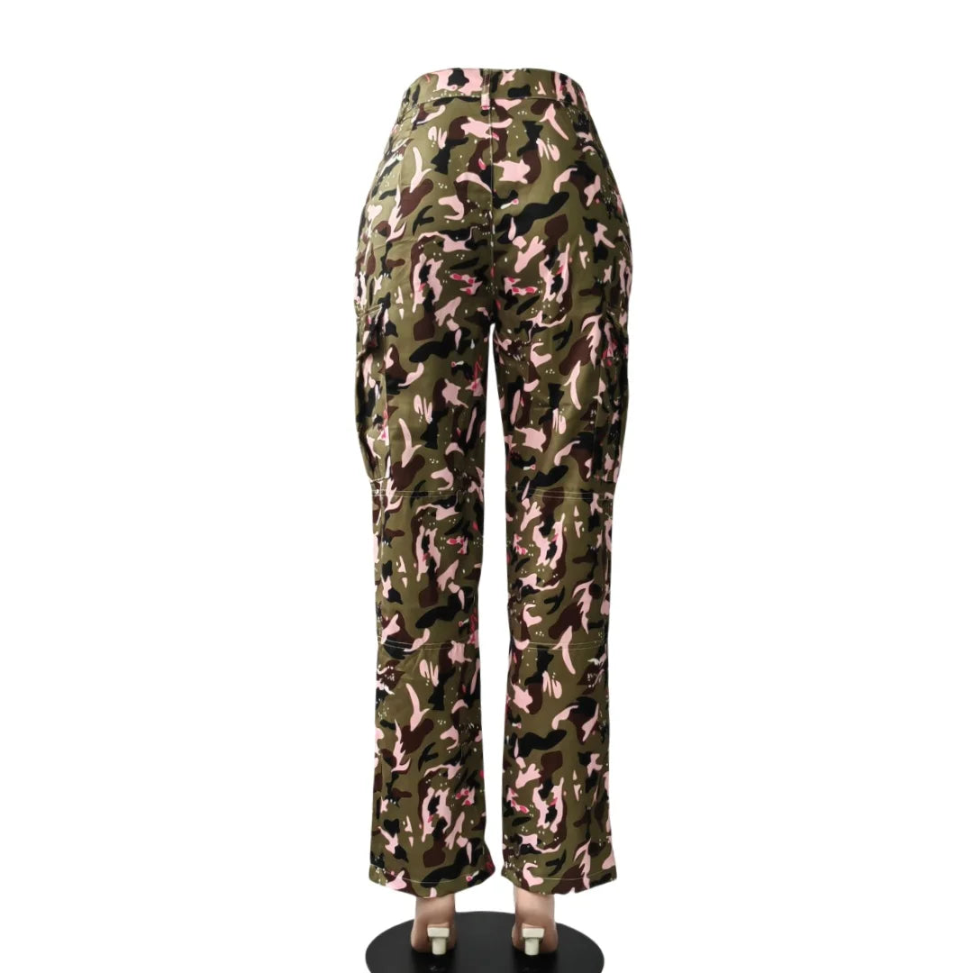 FAGADOER Pink Camouflage Print Pants Women Y2K Streetwear Button Pocket patchwork Straight Pants Hot girl Bottoms 2025