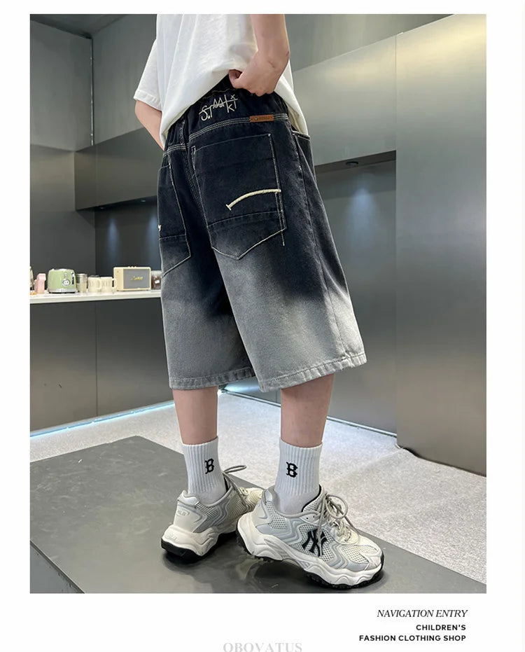 2025 New Summer Kids Designer Gradient Black Denim Shorts Tweens Boy Casual Straight Jeans Shorts For Child Age 5 6 8 10 12 14 T