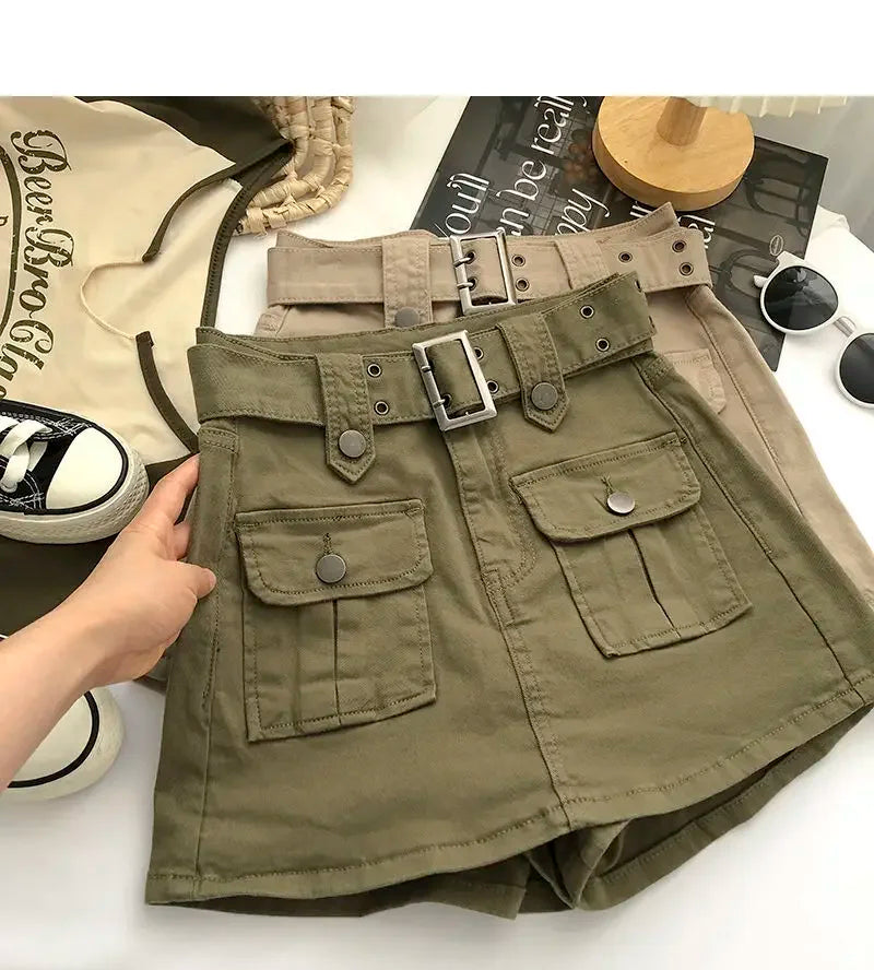 Women Mini Denim Skirts Multi Pockets Streetwear Personal Cool Ladies High Waisted A-line Wrap-around Skirt Cargo Skirt 2025 New