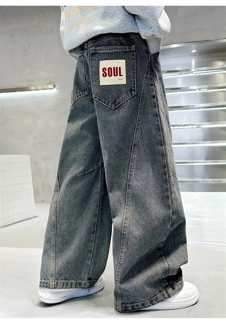 Elegant Children Vintage Blue Baggy Curved Jeans for Teenage Boy Fashion Casual Wide Leg Denim Pants Kids Loose Jeans Trousers