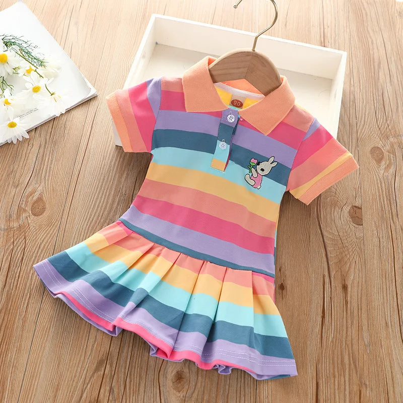 Girl's Summer fashion cute short sleeve  cartoon  rabbit embroidered rainbow strip baby girl princess dress