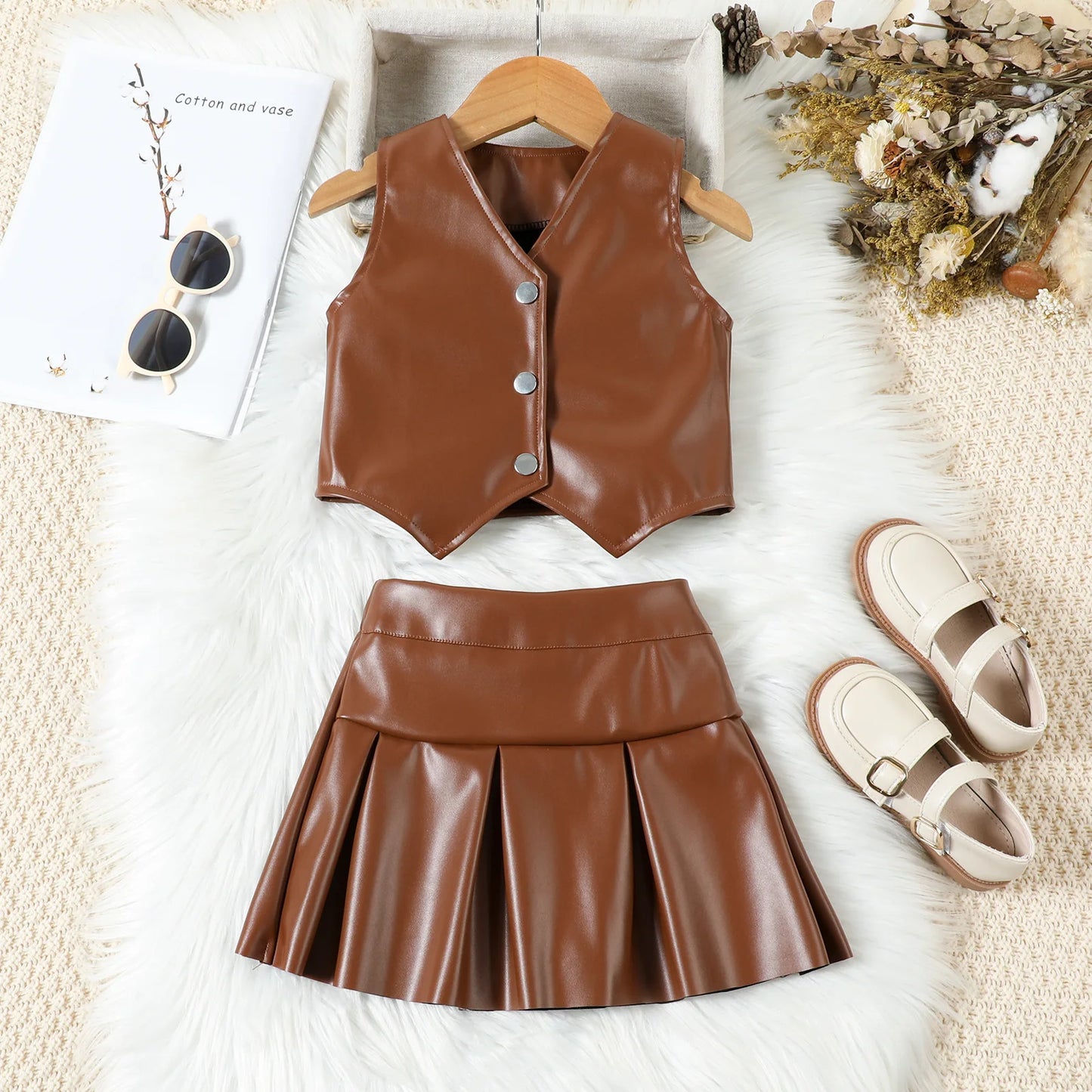 Autumn Fashion Cool Girls' Clothes Set V-Neck Pu Leather Vest Jacket With Pleated Skirt Two-Piece Set For Children's Clothing