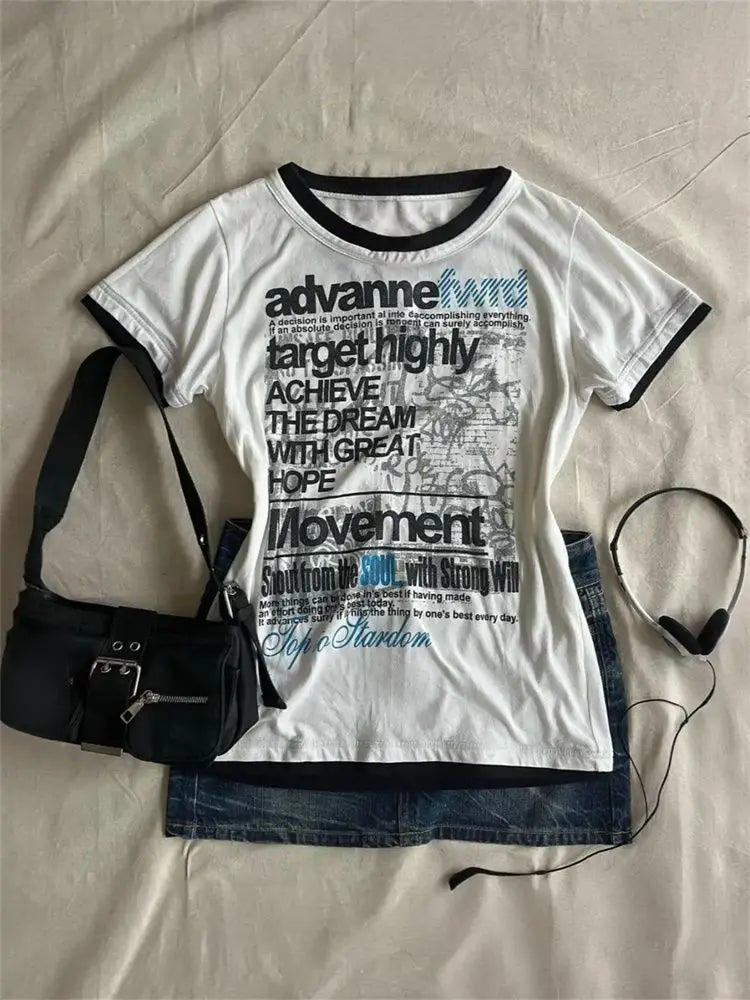 HOUZHOU Y2k Vintage Gothic Letter Print Women T-Shirts Harajuku Short Sleeve American Retro Tees Streetwear Slim Gyaru Summer