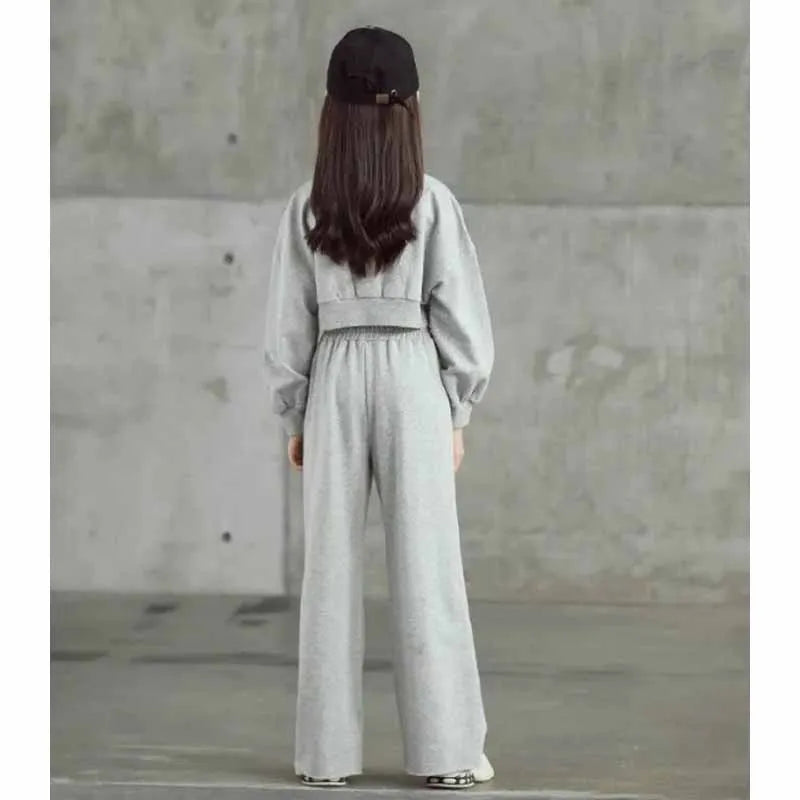 Girls Solid Colour Sets Children's Long-Sleeved Short Sweater Trousers 2Pcs Spring Autumn New Kids Fashion Casual Suit 4-12Y