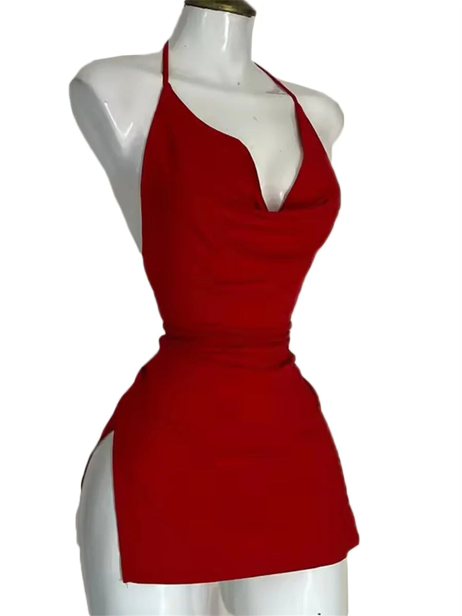 2025 New V Neck Backless Side Slit Sexy Slim Camisole Dress Summer Female Elegant Lace Up Dresses Ladies Beach Tourism Sundress