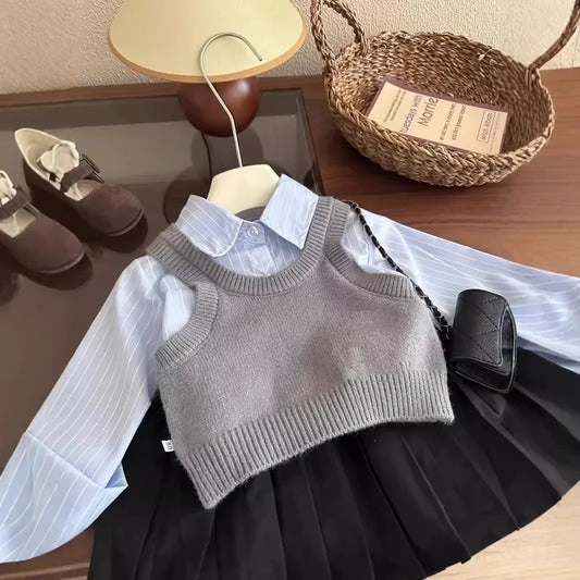 Girl Suit Korean Version of Baby Girl Autumn Knitted Vest Vest Blue Striped Shirt Pleated Skirt Three-piece Set Fashion