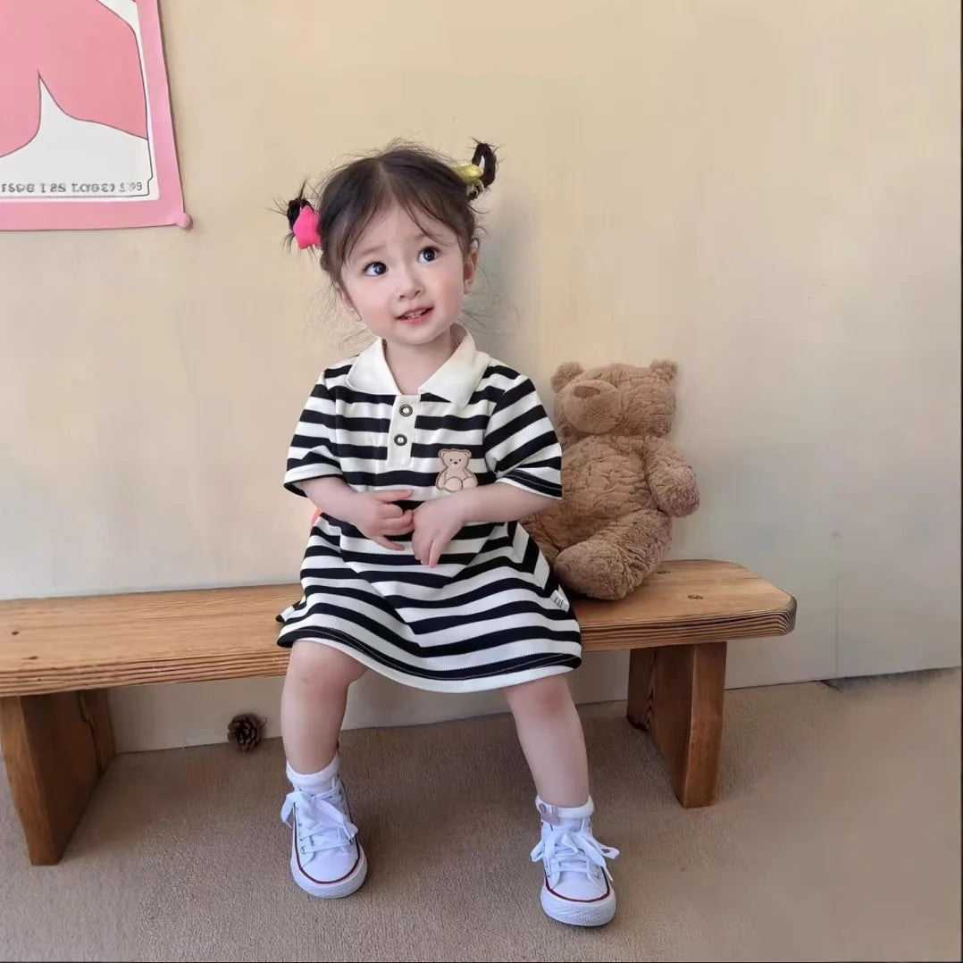 2025 New Children's Dress Girls' Summer Korean Edition Striped Strawberry lapel Casual Dress 1-10 Years Old