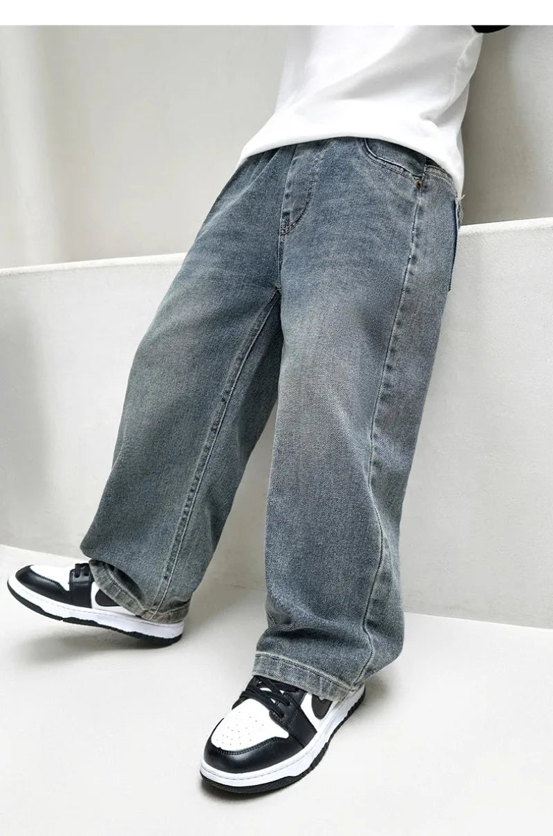 4-12Y Boys Jeans 2025 New Wide Straight Leg Denim Pant Children's Spring Clothing Big Children's Handsome Cotton Sports Pants