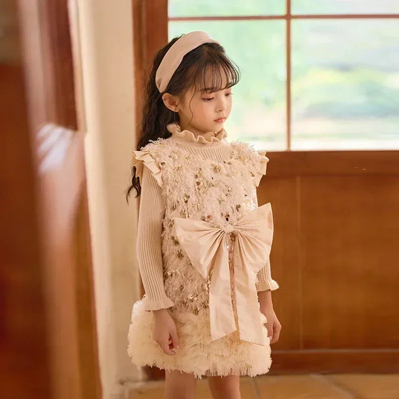 Baby Girls TUTU Dress Kids Children Vest Dress Bow Sequins Sleeveless Casual Dresses Spring Autumn Clothes 2-6 Years  L392/L429