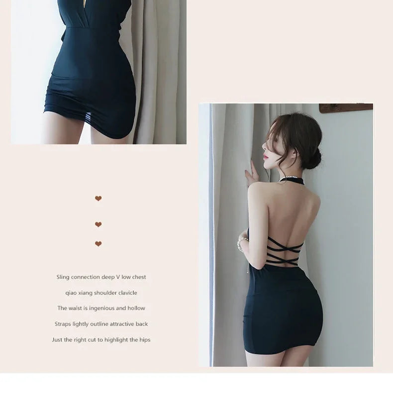 Summer Deep V Backless Dress Women Sexy Uniform Seductive Nightclub Attire Secretary Attire OL Attire Clothes Woman Party Dress