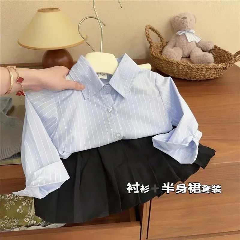 Girl Suit Korean Version of Baby Girl Autumn Knitted Vest Vest Blue Striped Shirt Pleated Skirt Three-piece Set Fashion