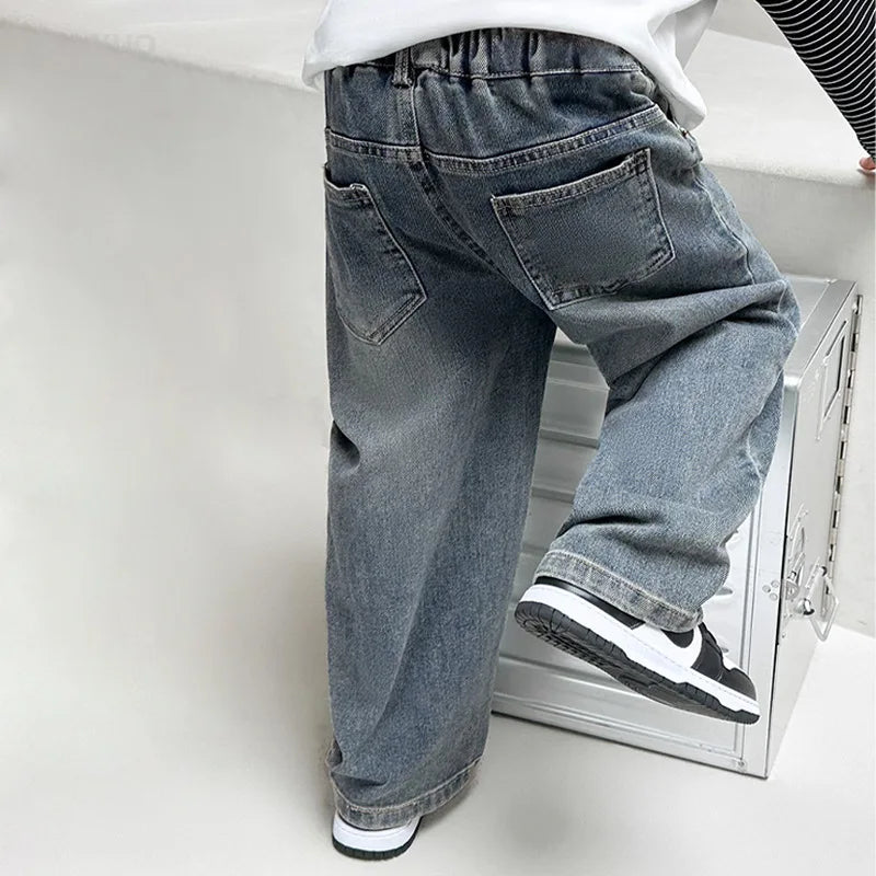 4-12Y Boys Jeans 2025 New Wide Straight Leg Denim Pant Children's Spring Clothing Big Children's Handsome Cotton Sports Pants