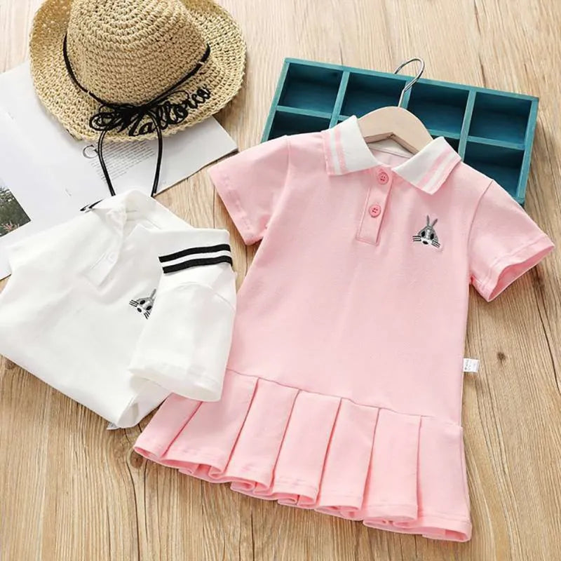 Campus Style Girl Kids Short Sleeved Dress Cute Cartoon Print Solid Toddler Princess Dress Cotton Soft Children Mini Skirt