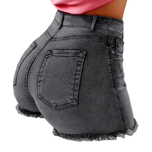 Denim Shorts Women Vintage Jeans Tassel Washed Distressed Skinny Mid Waist Pockets Streetwear Female 2025 Straight Short Pants