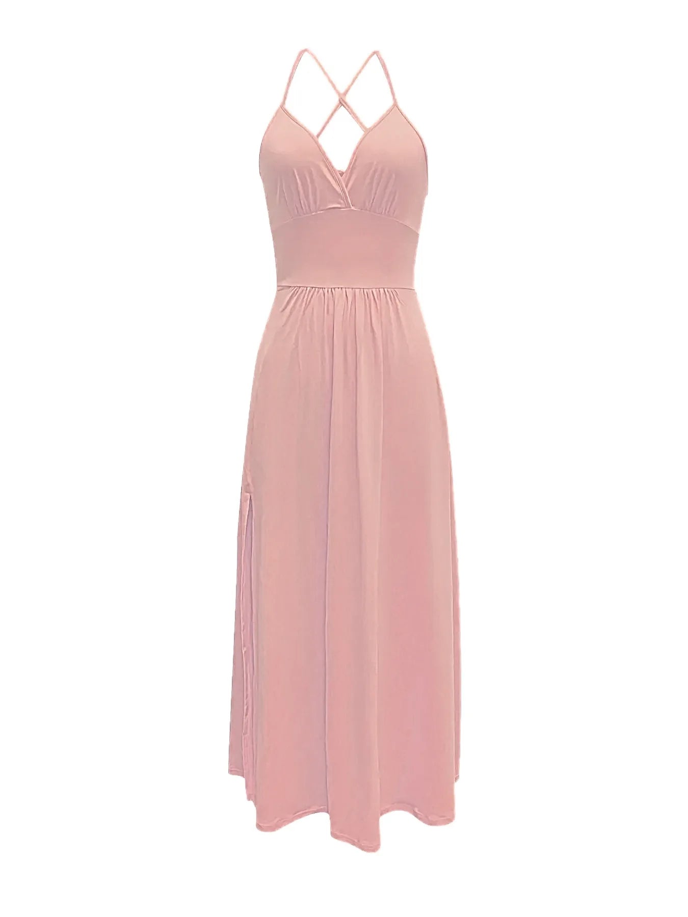 Women Sexy Spaghetti Strap V Neck Dresses Hollow Out Sleeveless Side Split Evening Dress Elegant Solid High Waist Pleat Vestidos
