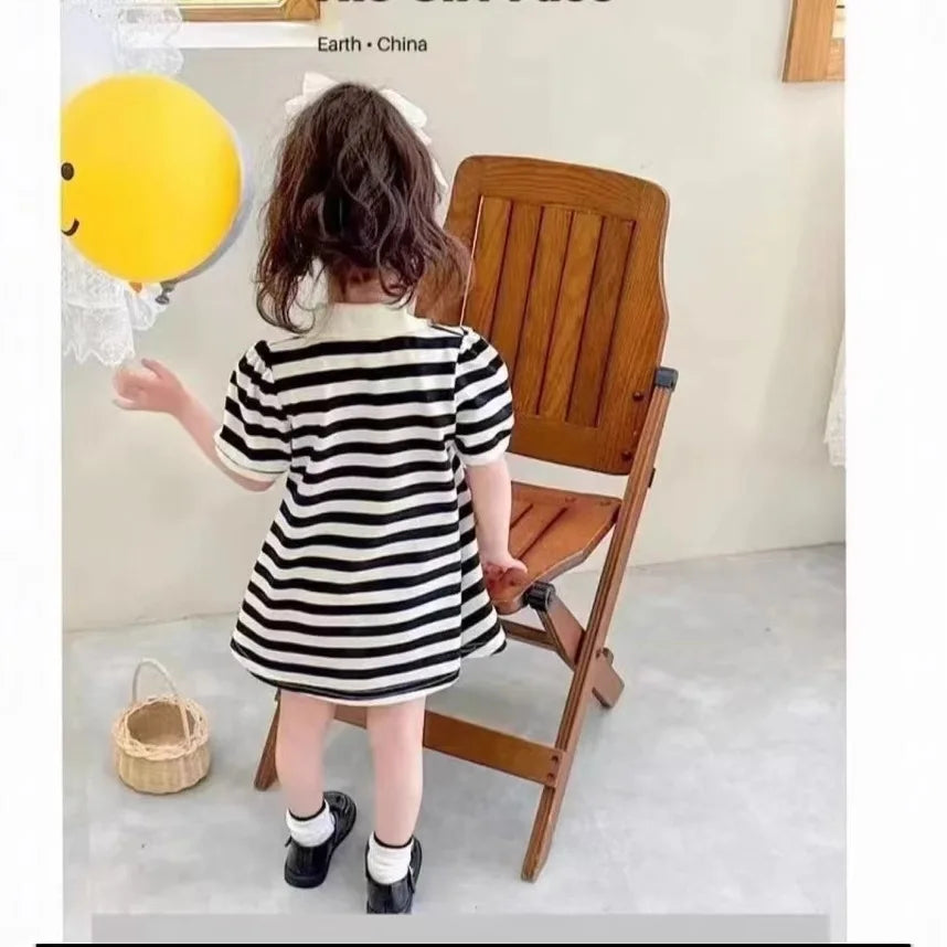 2025 New Children's Dress Girls' Summer Korean Edition Striped Strawberry lapel Casual Dress 1-10 Years Old