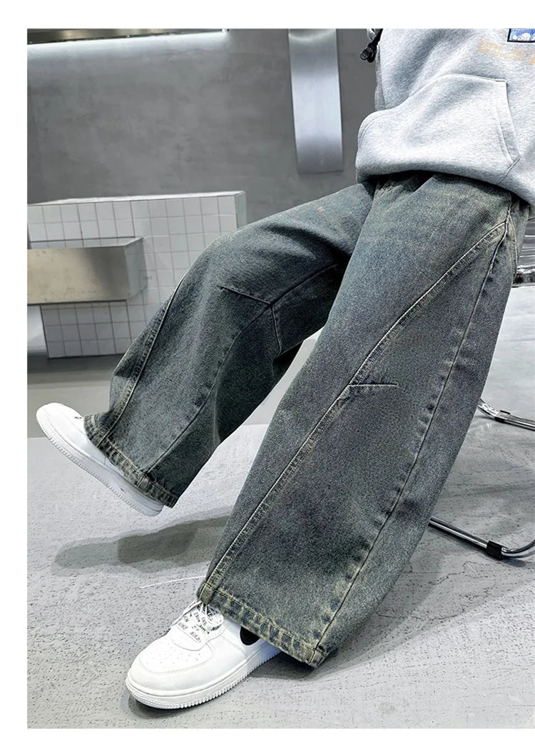 Elegant Children Vintage Blue Baggy Curved Jeans for Teenage Boy Fashion Casual Wide Leg Denim Pants Kids Loose Jeans Trousers