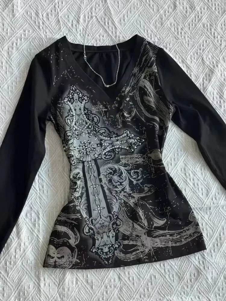 Vintage Clothes Women Print Sexy Punk Streetwear Slim Femme Tees Shirt Gothic Casual Grunge T Shirts 2000s Emo Y2k Crop Top