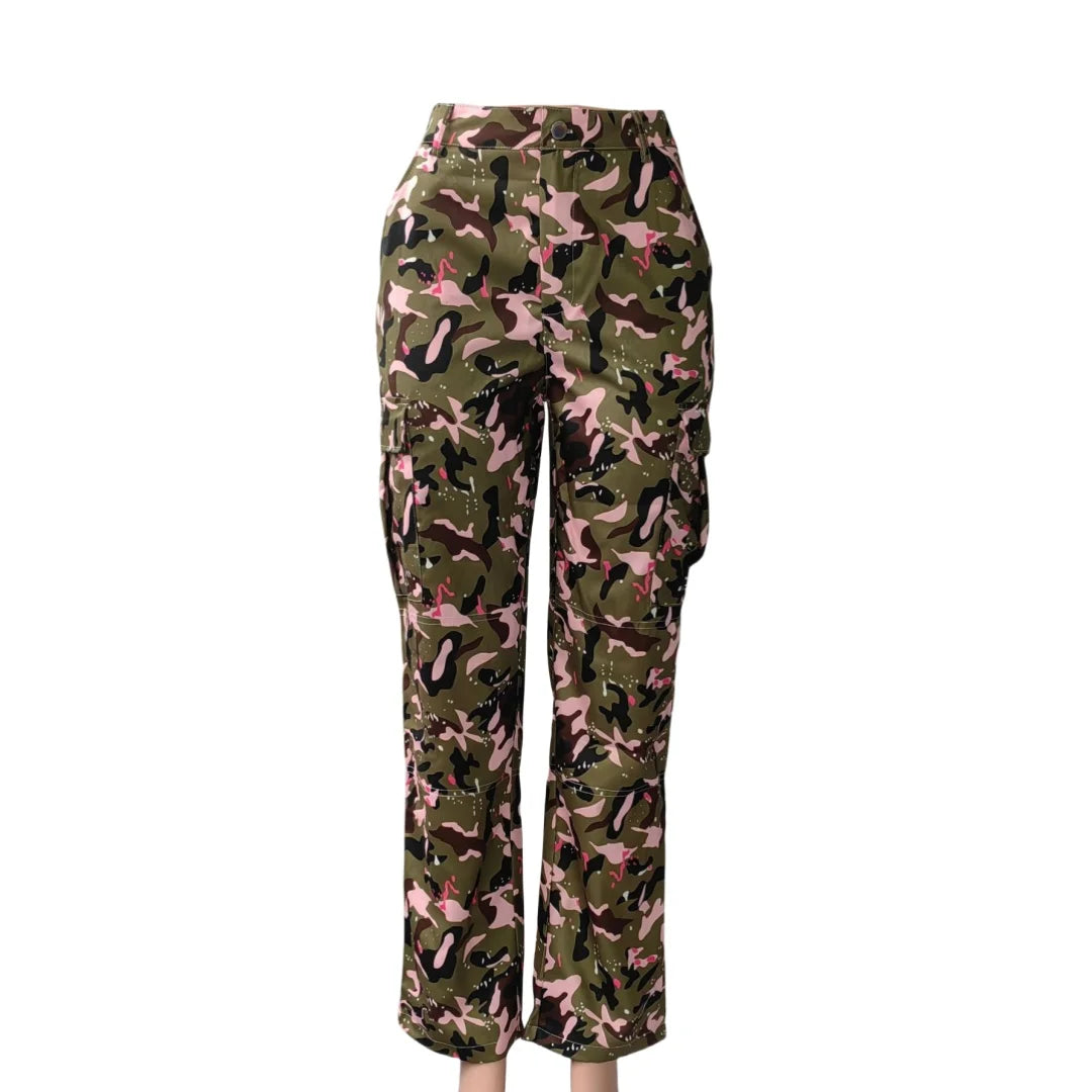 FAGADOER Pink Camouflage Print Pants Women Y2K Streetwear Button Pocket patchwork Straight Pants Hot girl Bottoms 2025