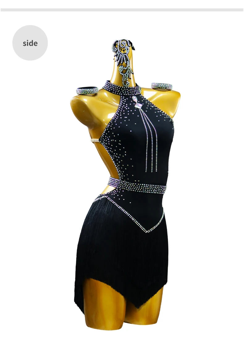 Black Latin Dress Women Stage Outfit Line Dance Costume 2025 New Sexy Girl Prom Skirt Kid Party Suit  Evening Clothes Customized
