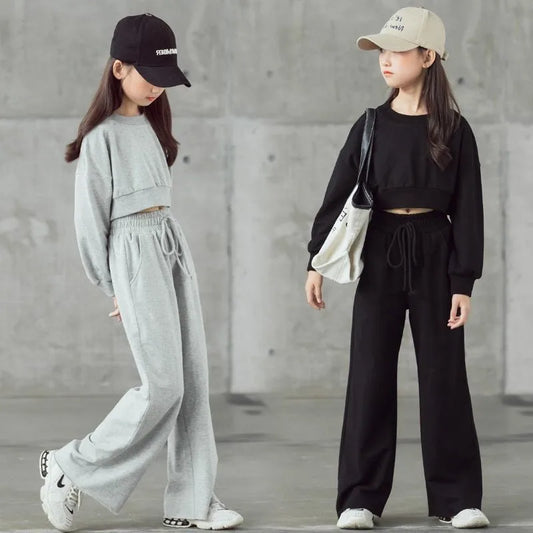 Girls Solid Colour Sets Children's Long-Sleeved Short Sweater Trousers 2Pcs Spring Autumn New Kids Fashion Casual Suit 4-12Y