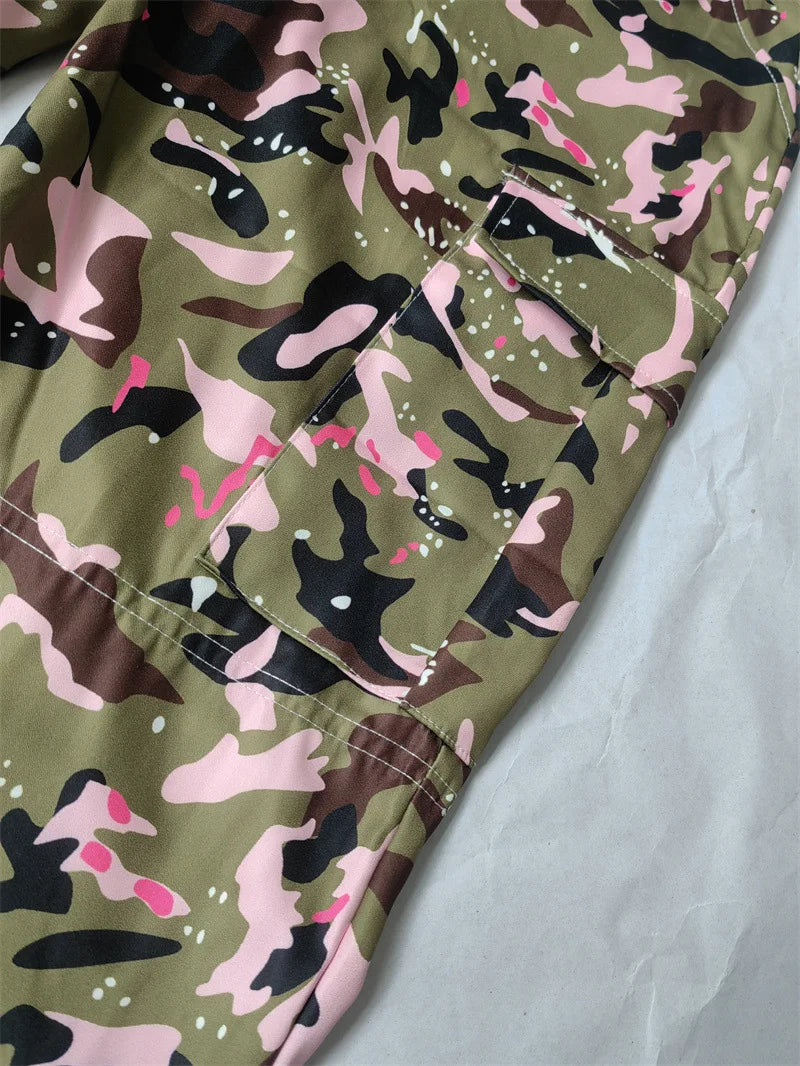 FAGADOER Pink Camouflage Print Pants Women Y2K Streetwear Button Pocket patchwork Straight Pants Hot girl Bottoms 2025