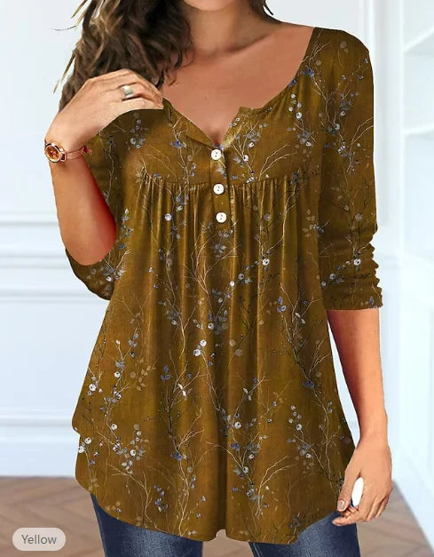 Plus Size Women's Spring and Autumn Long Sleeve Random Plant Print Button T-Shirt