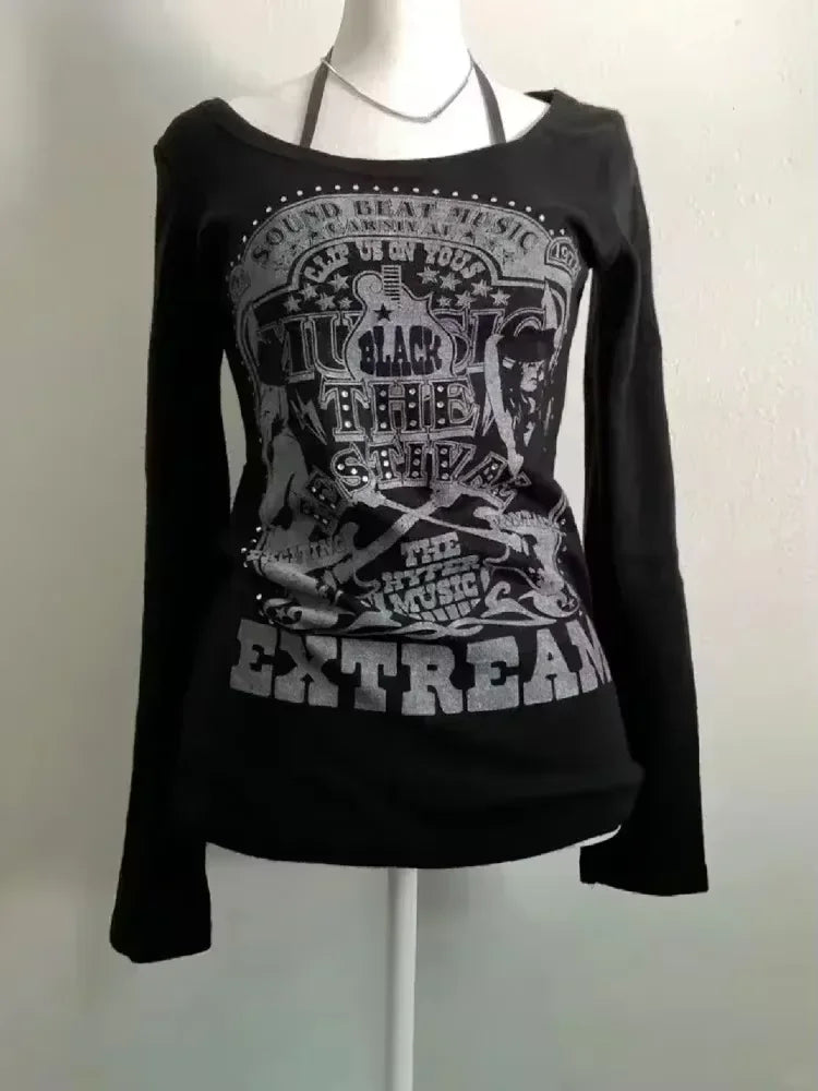 Vintage Clothes Women Print Sexy Punk Streetwear Slim Femme Tees Shirt Gothic Casual Grunge T Shirts 2000s Emo Y2k Crop Top