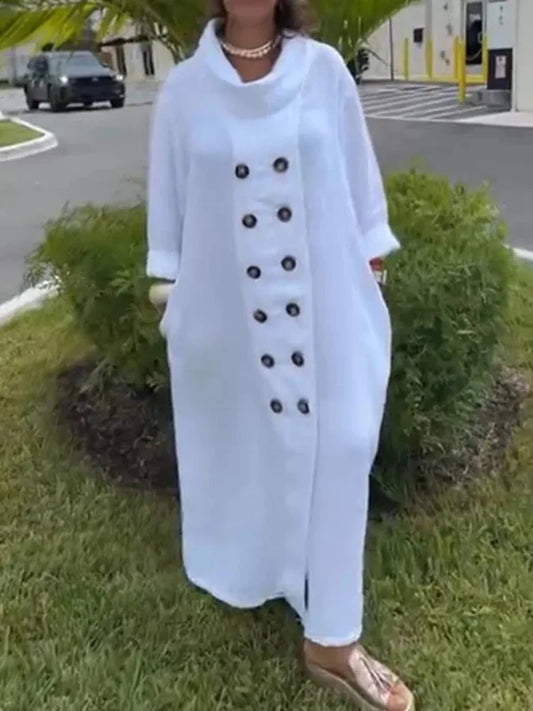 Yeezzi Women's Cotton-blend White Dress Long Sleeves Loose Solid Color High Neck Buttoned Pockets Casual Daily Maxi Dresses