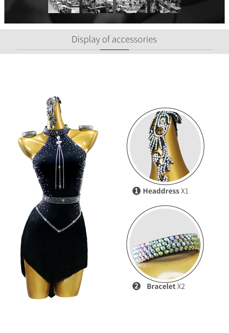 Black Latin Dress Women Stage Outfit Line Dance Costume 2025 New Sexy Girl Prom Skirt Kid Party Suit  Evening Clothes Customized