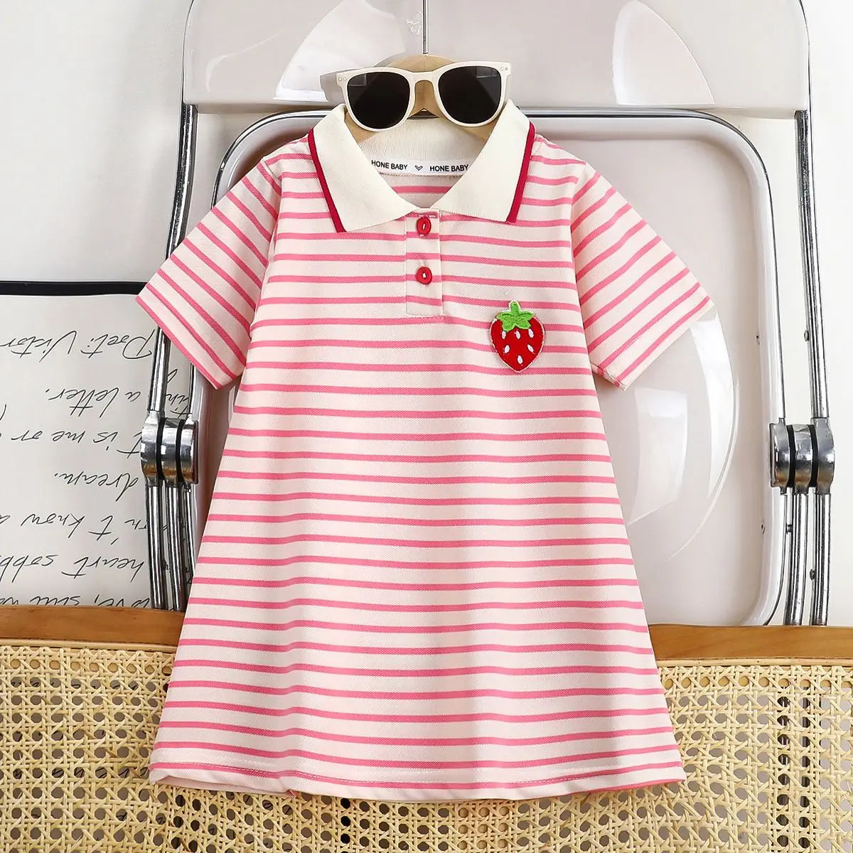 2025 New Children's Dress Girls' Summer Korean Edition Striped Strawberry lapel Casual Dress 1-10 Years Old