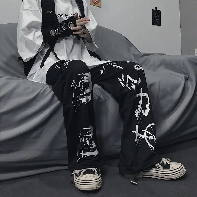 Black Japenese Printed Anime Y2k Sweatpants Male Streetwear Wide Leg Oversize Baggy Pants Casual Sport Causl Trousers Men 2023