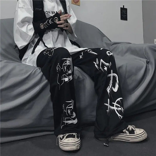 Black Japenese Printed Anime Y2k Sweatpants Male Streetwear Wide Leg Oversize Baggy Pants Casual Sport Causl Trousers Men 2023