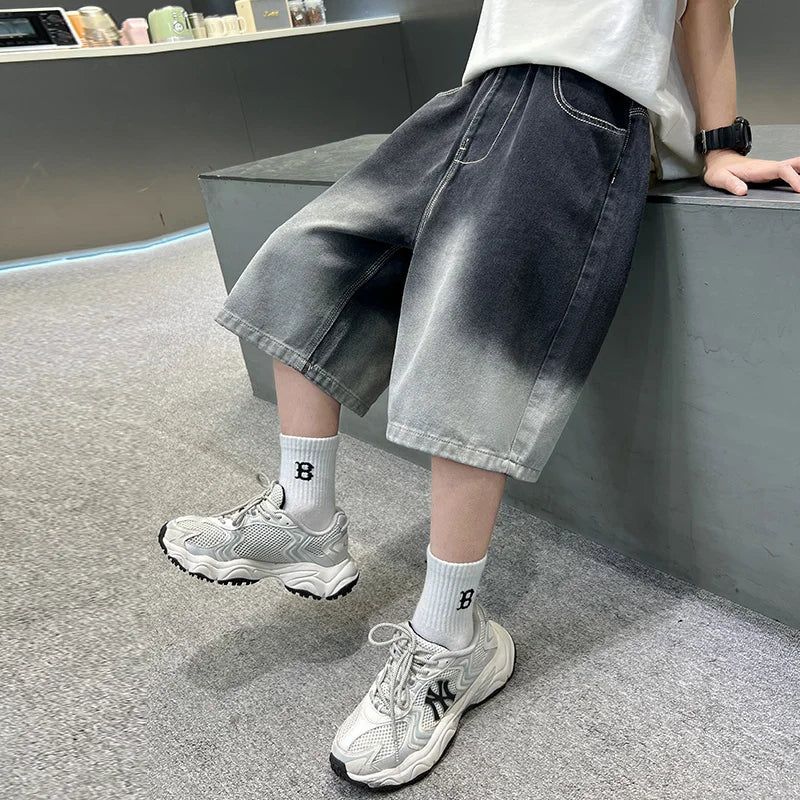2025 New Summer Kids Designer Gradient Black Denim Shorts Tweens Boy Casual Straight Jeans Shorts For Child Age 5 6 8 10 12 14 T